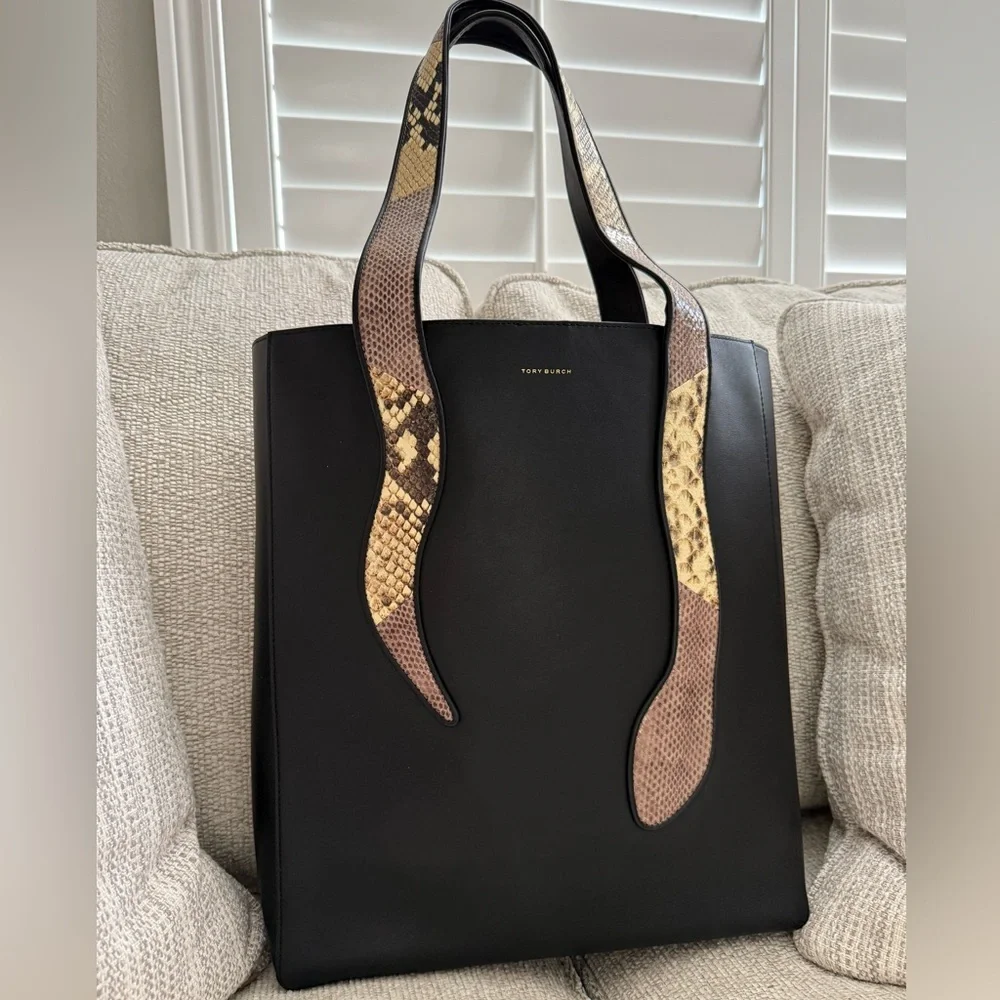 Tory Burch Black and Snake Print Tote